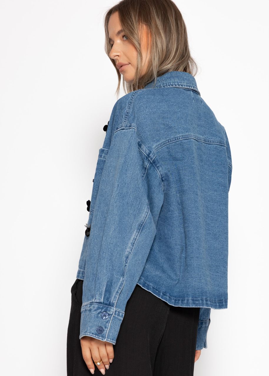 Denim jacket with floral appliqués - blue