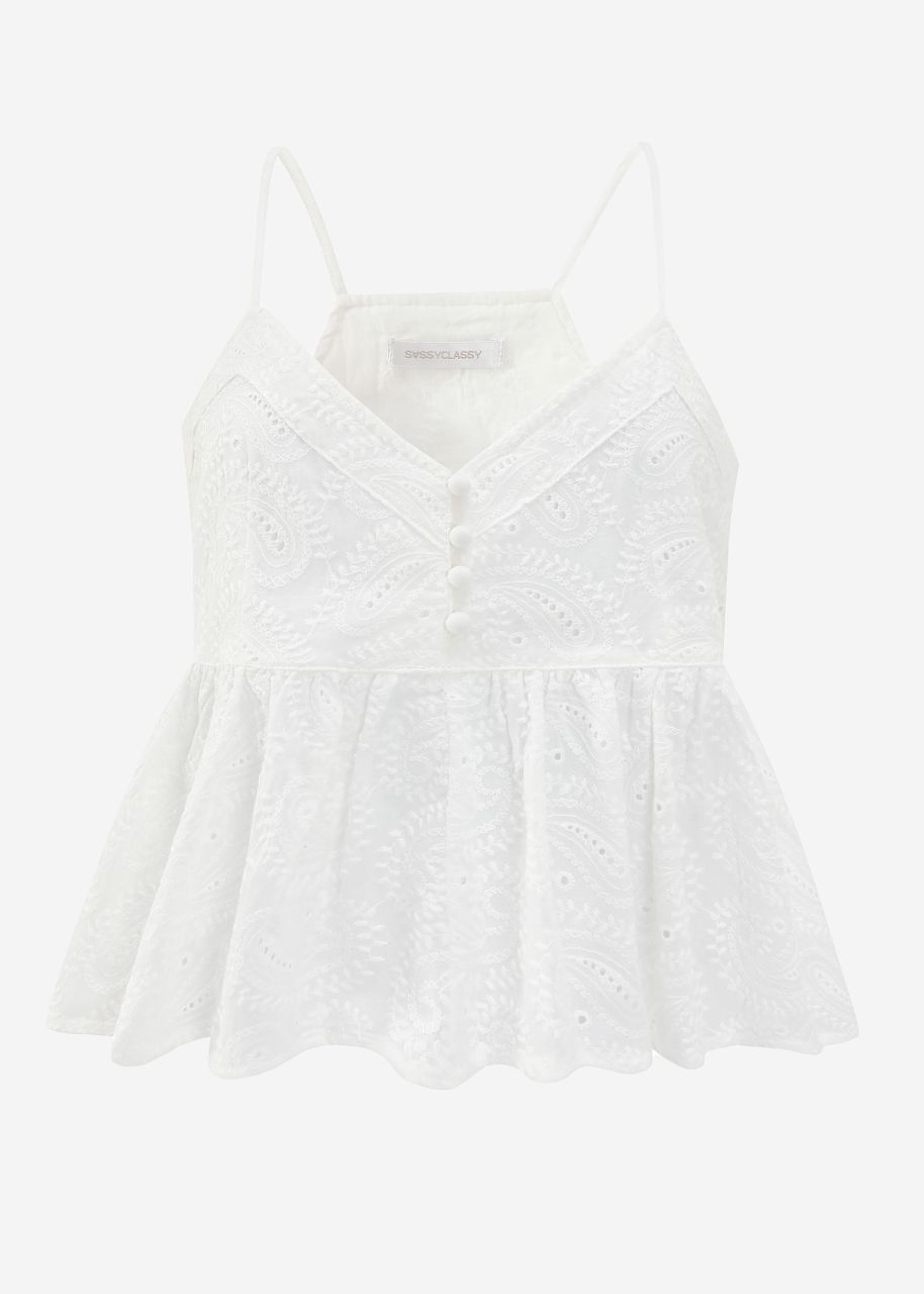 Top with flounce and eyelet embroidery - white