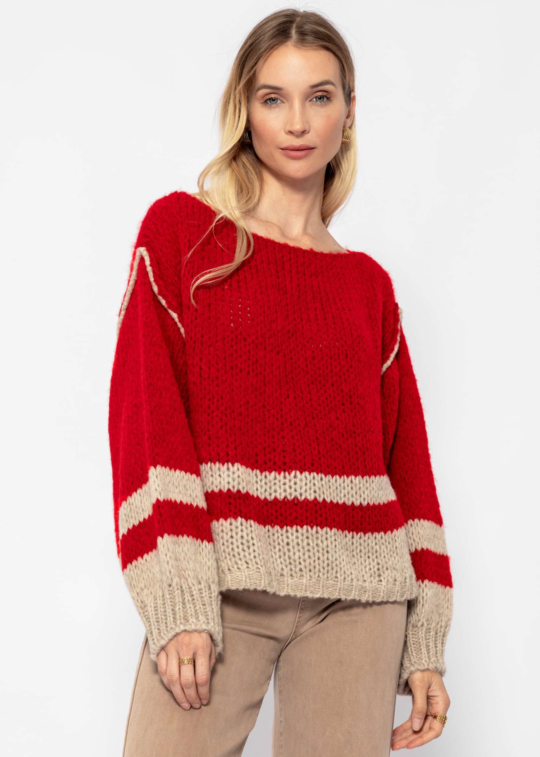 Jumper with striped hem - red-beige