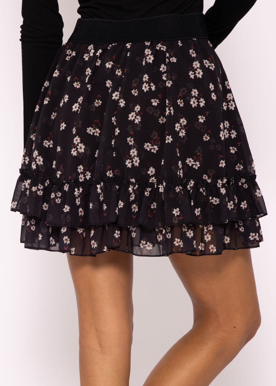 Flounces skirt with ruffles and floral print, black