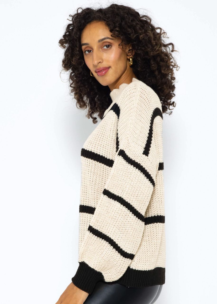 Striped turtleneck jumper - light beige-black