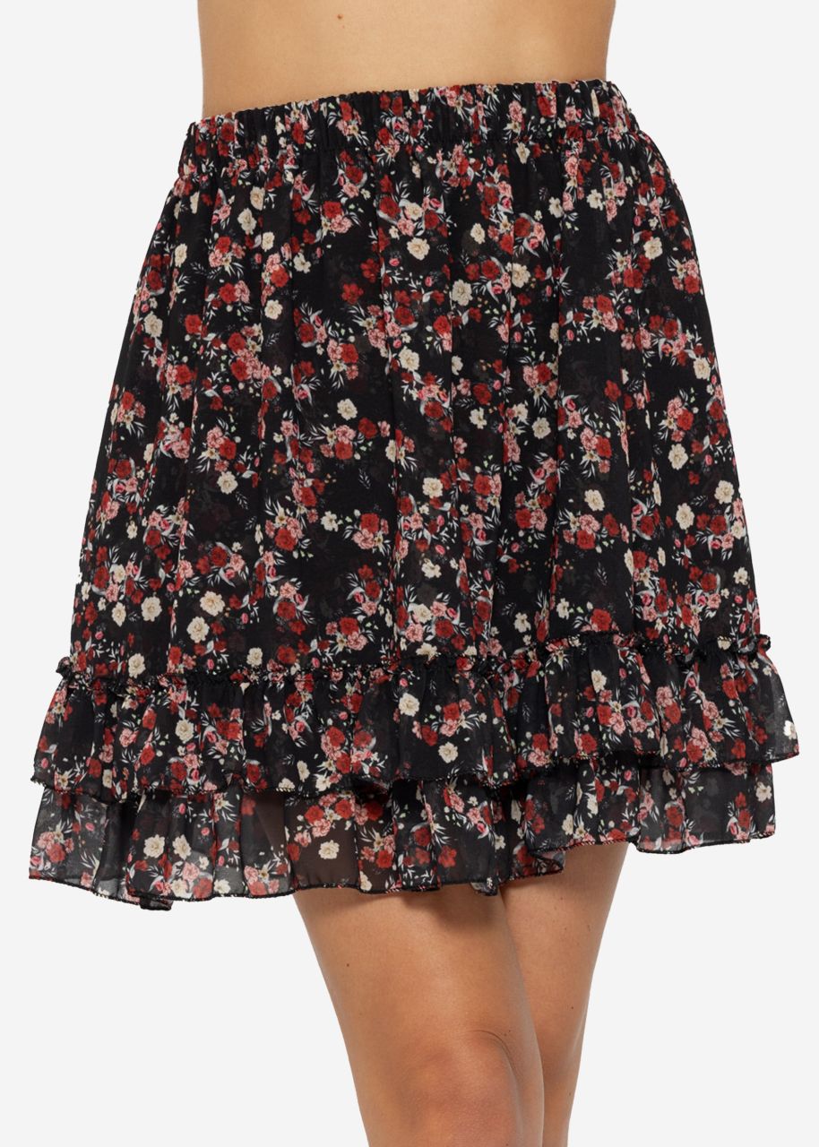 Flouncy skirt with ruffles and floral print - black