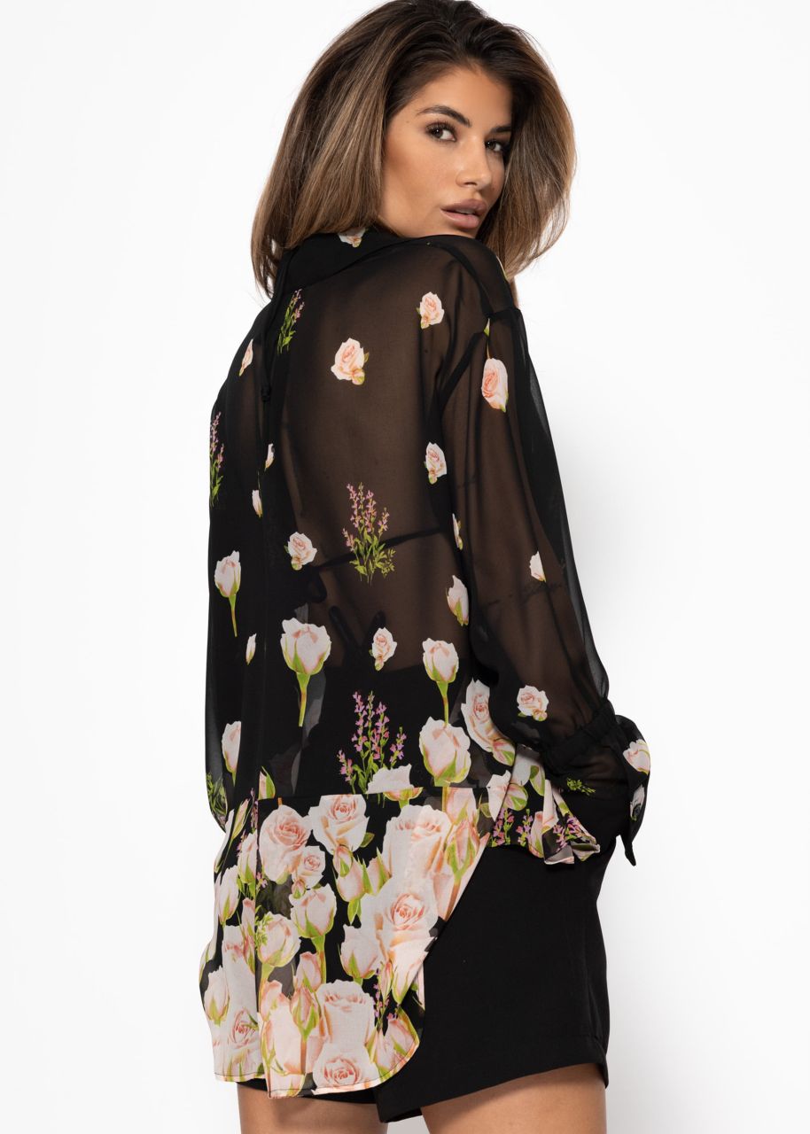Transparent blouse with floral print - black