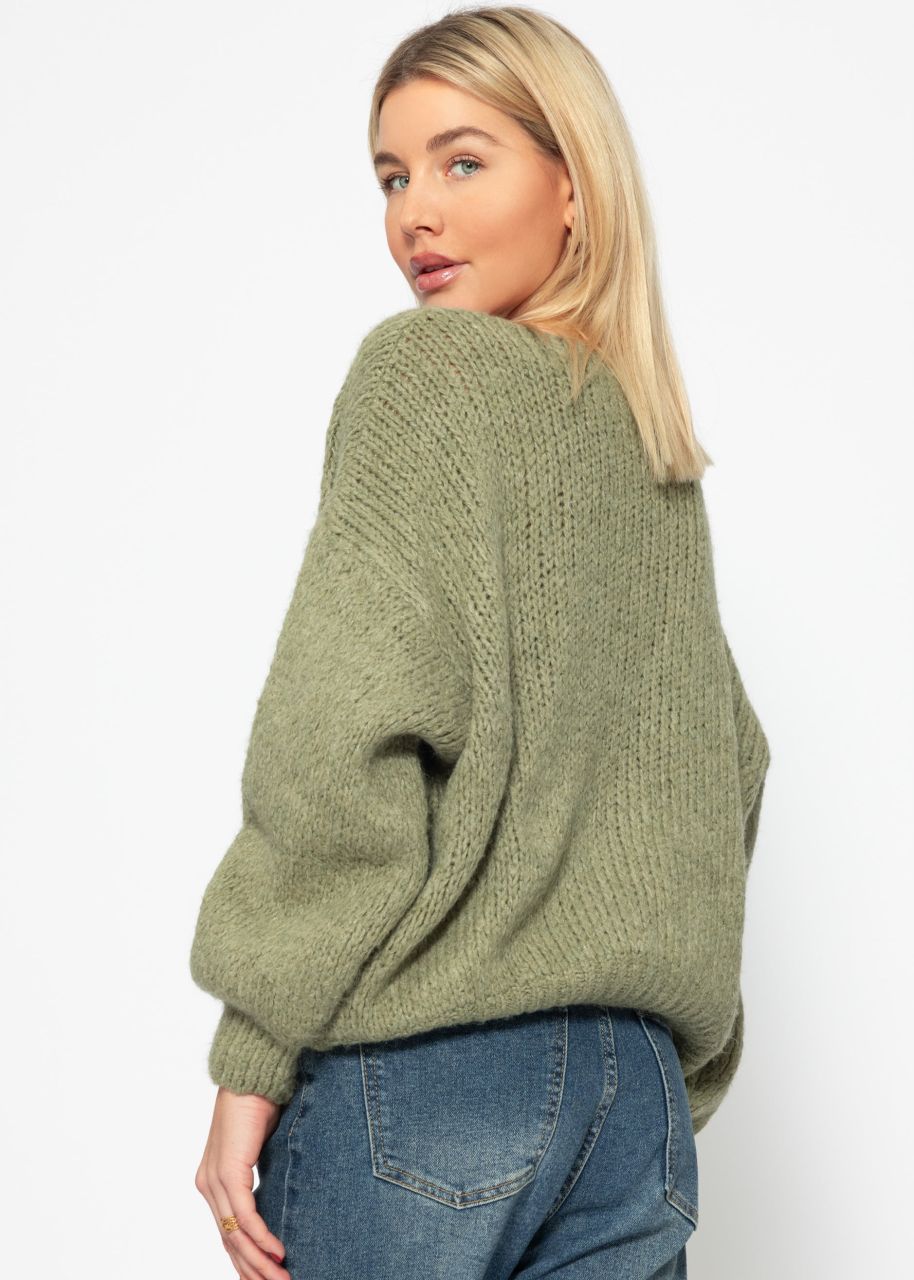 Oversized jumper with V-neck - khaki