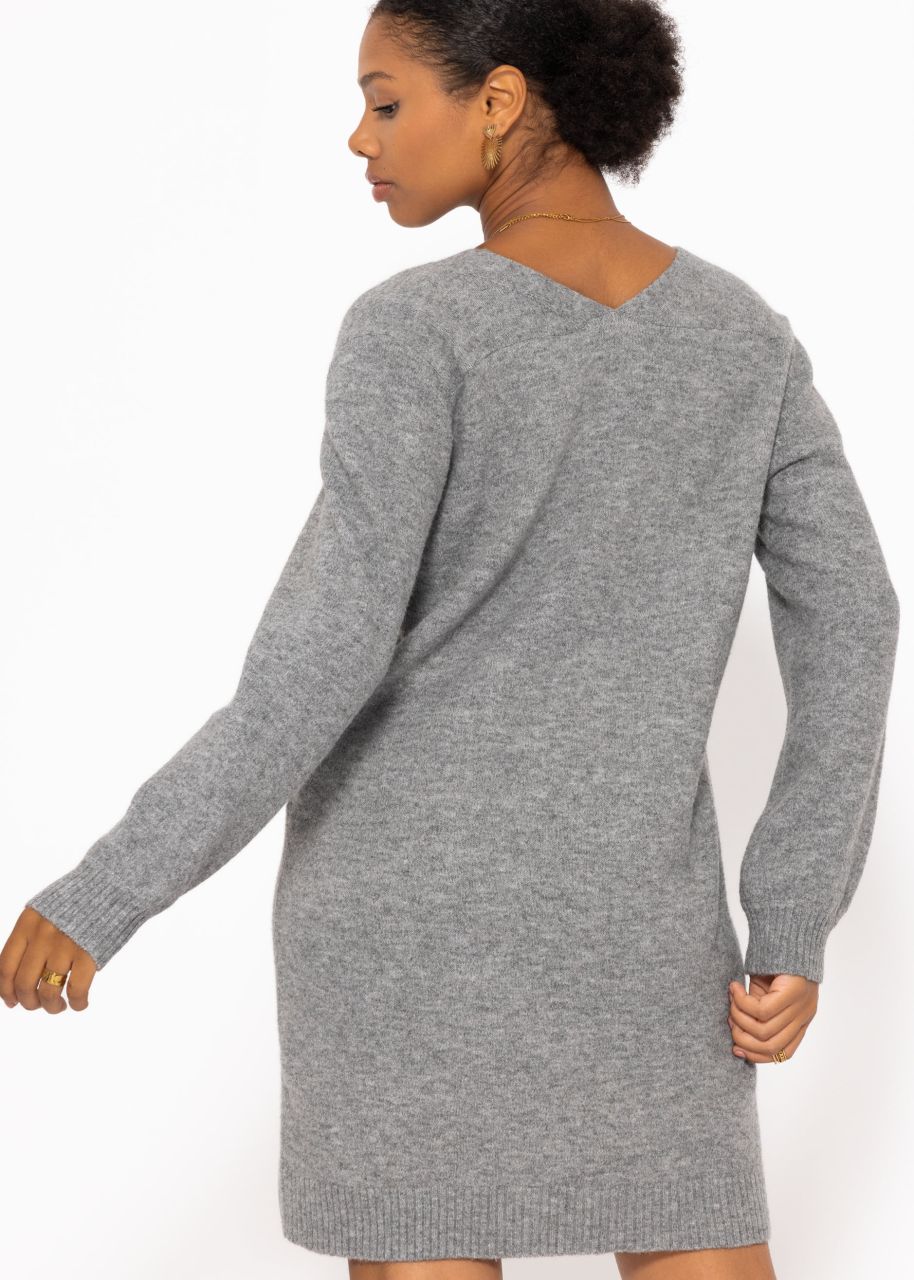 Knitted dress with V-neck - dark gray