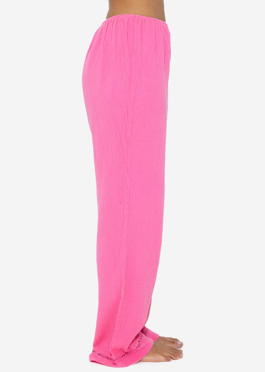 Muslin pyjama bottoms with lace trim - pink