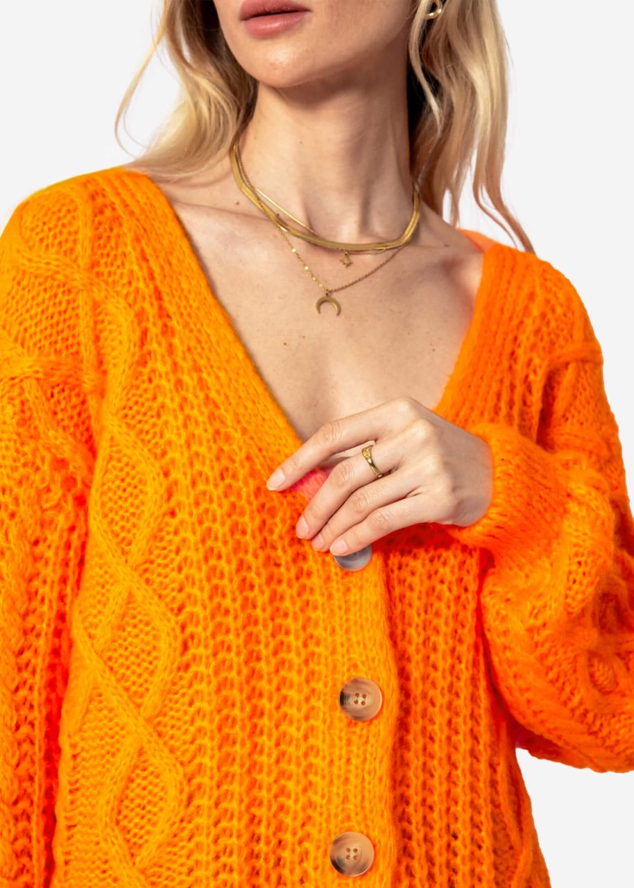 Oversized cardigan with cable knit pattern - tangerine