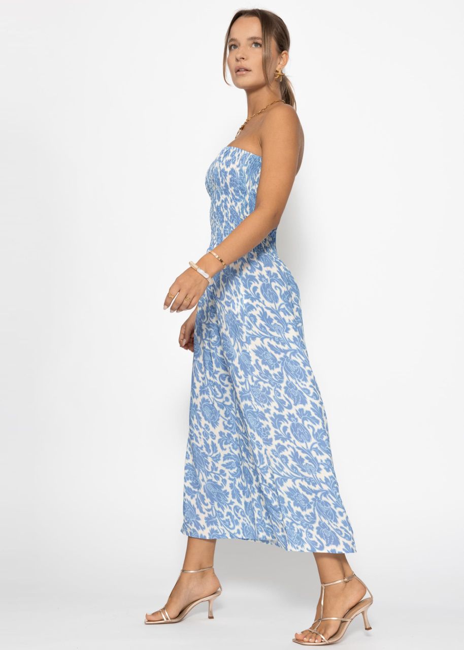Smocked bandeau dress with print - denim blue
