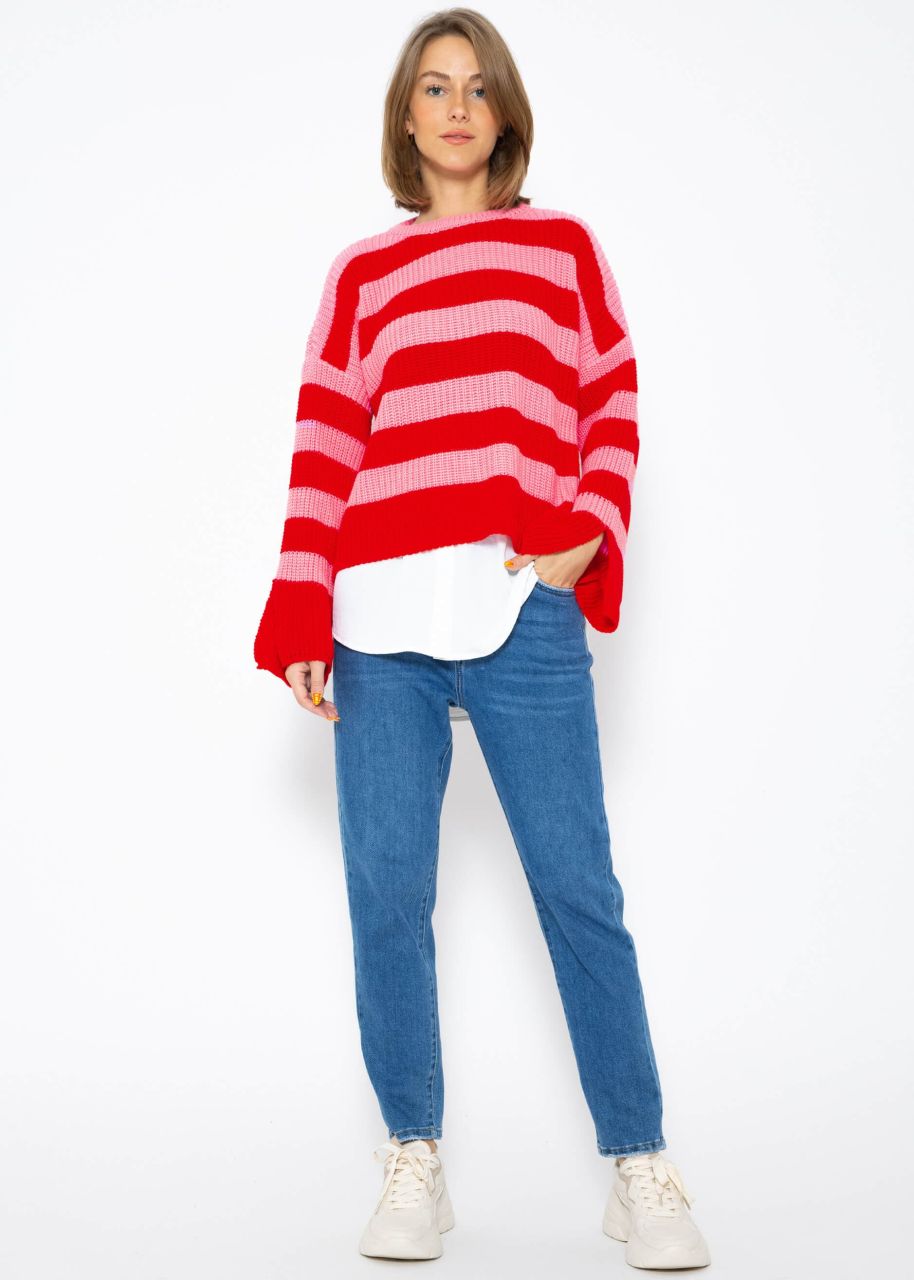 Striped jumper with wide sleeves - pink-red