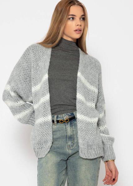 Oversize cardigan with white stripes, light grey