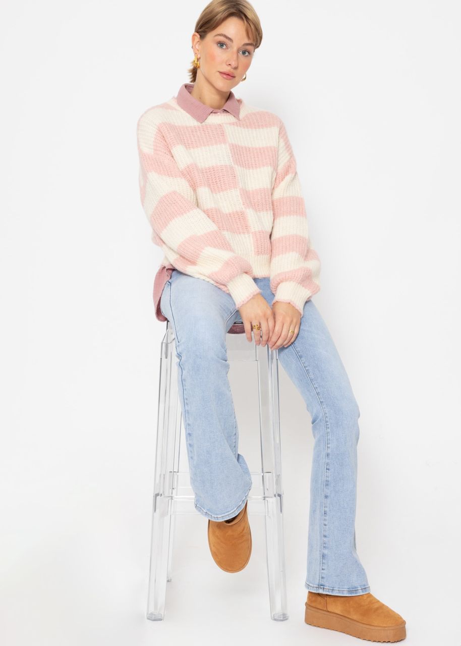 Fluffy sweater with offset block stripes - pink-offwhite