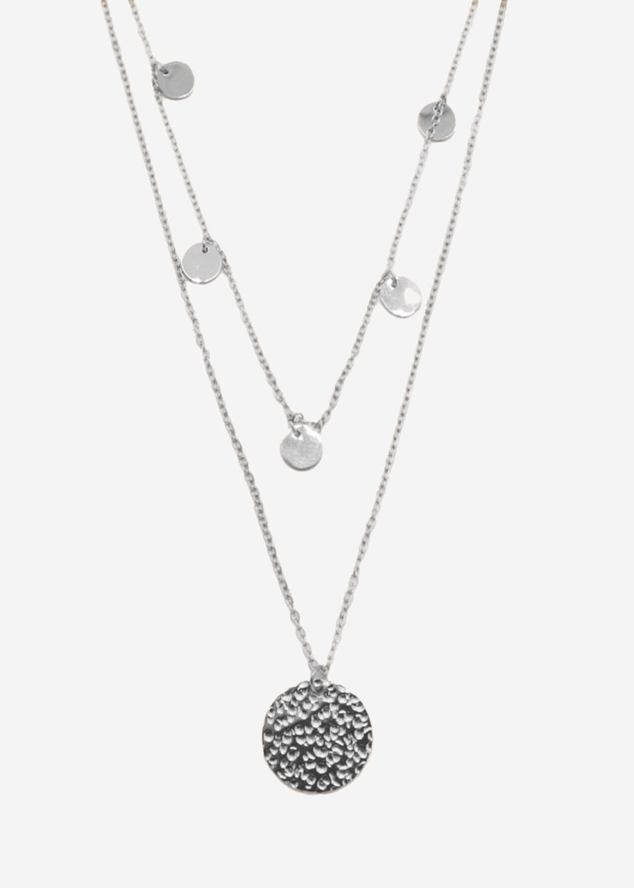 Combined necklace with pendant and delicate plates, silver