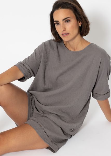 Muslin pyjama shirt with lace trim - taupe