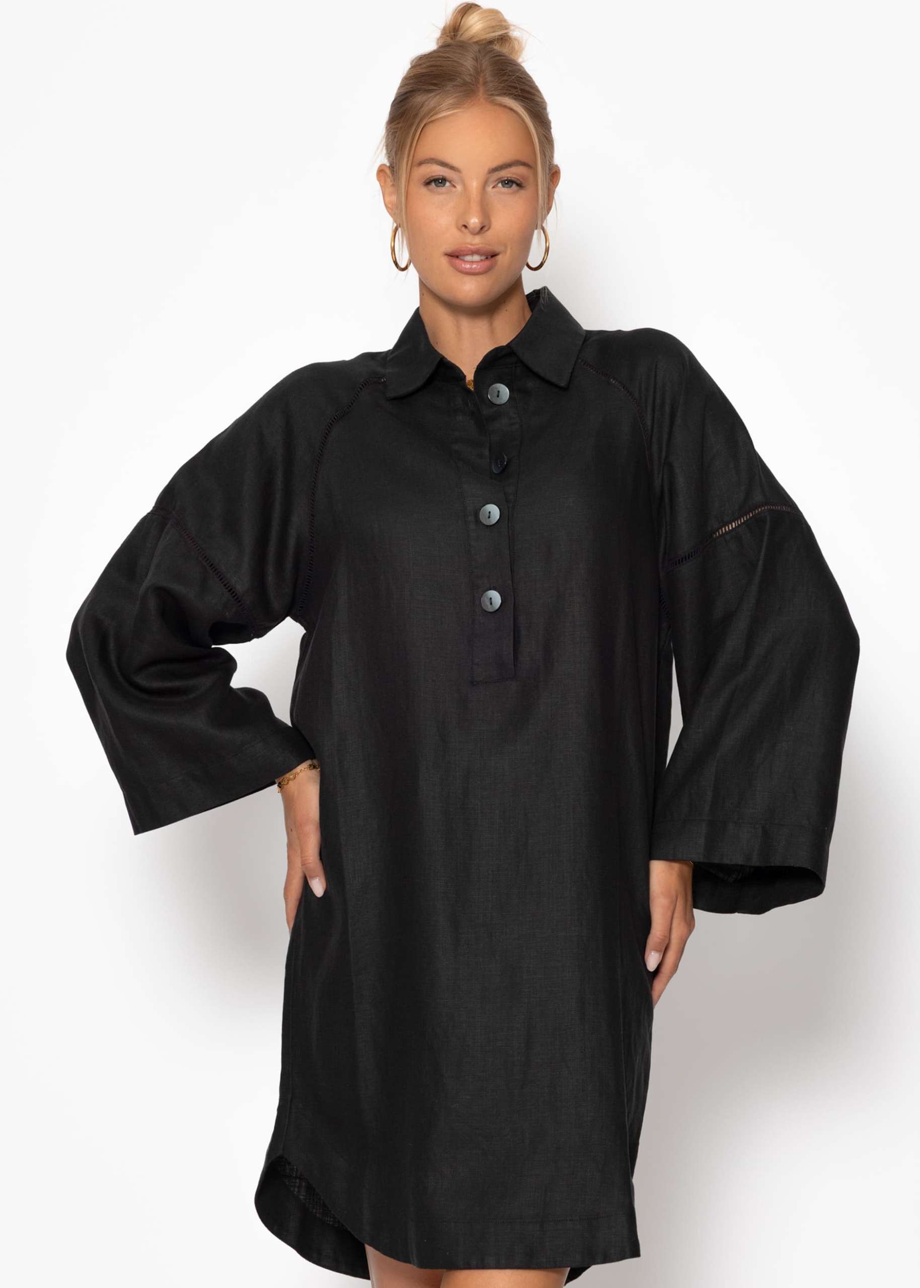 Linen dress with button placket - black