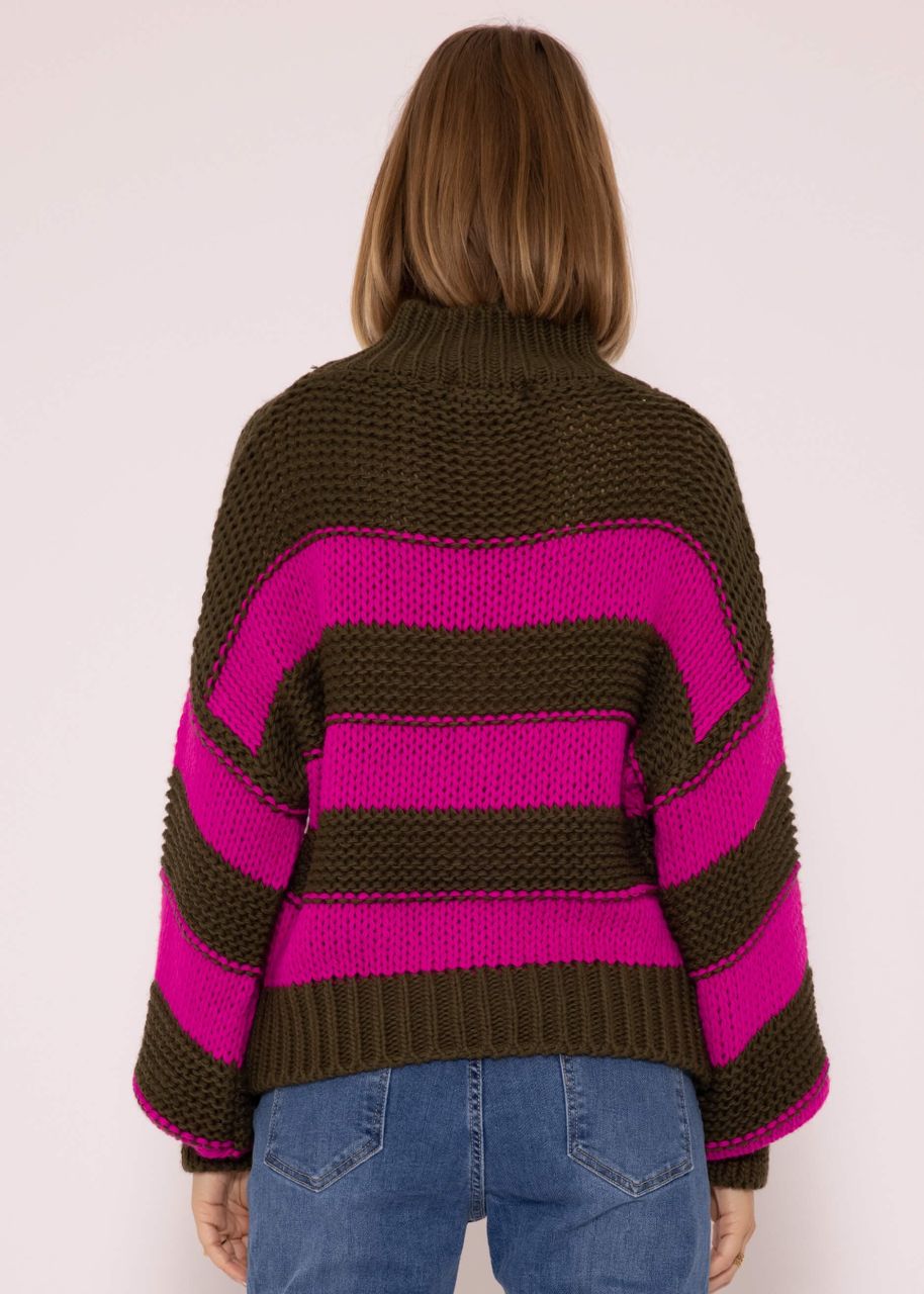 Turtleneck sweater with stripes, khaki-pink