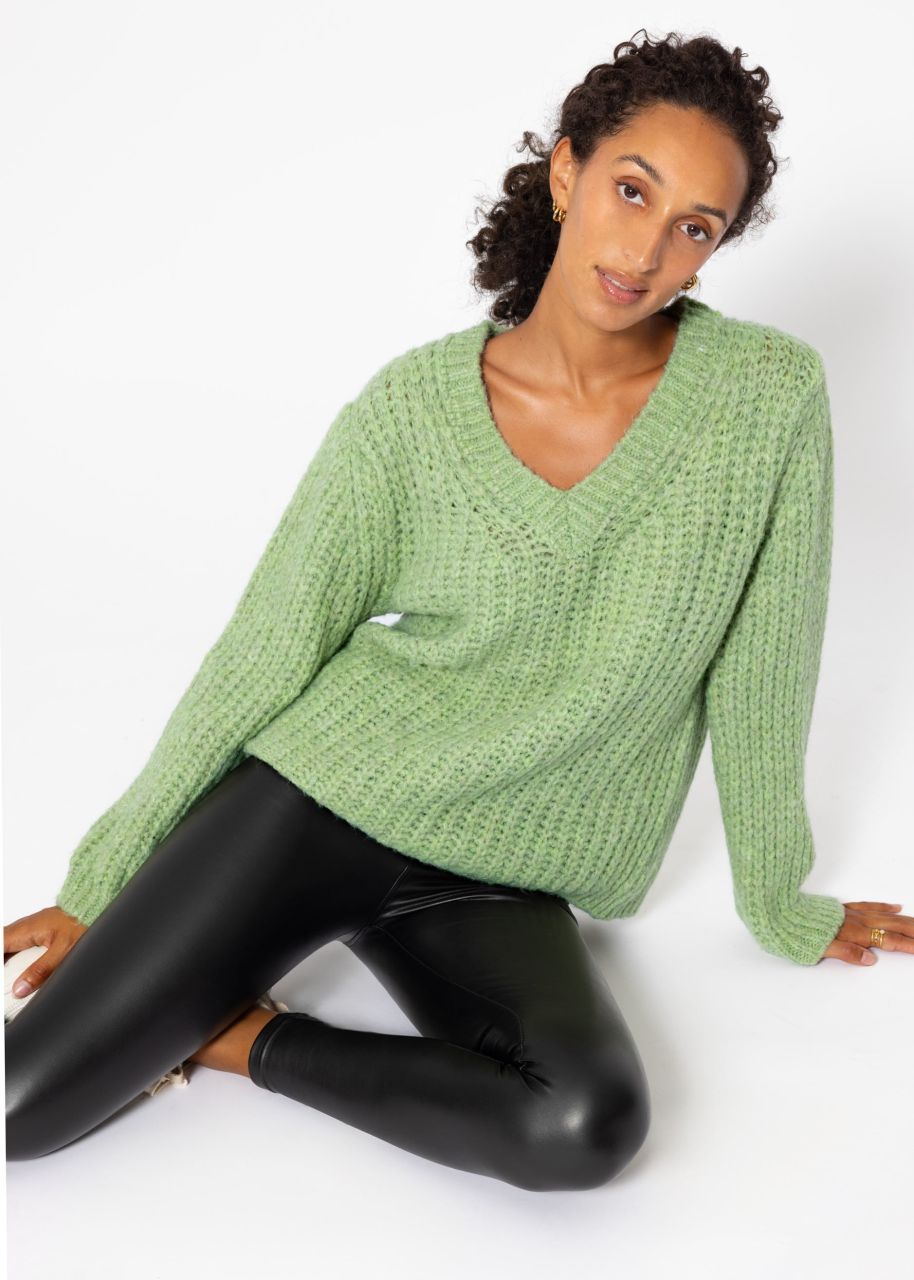 Oversized chunky knit jumper with V-neck - sage green