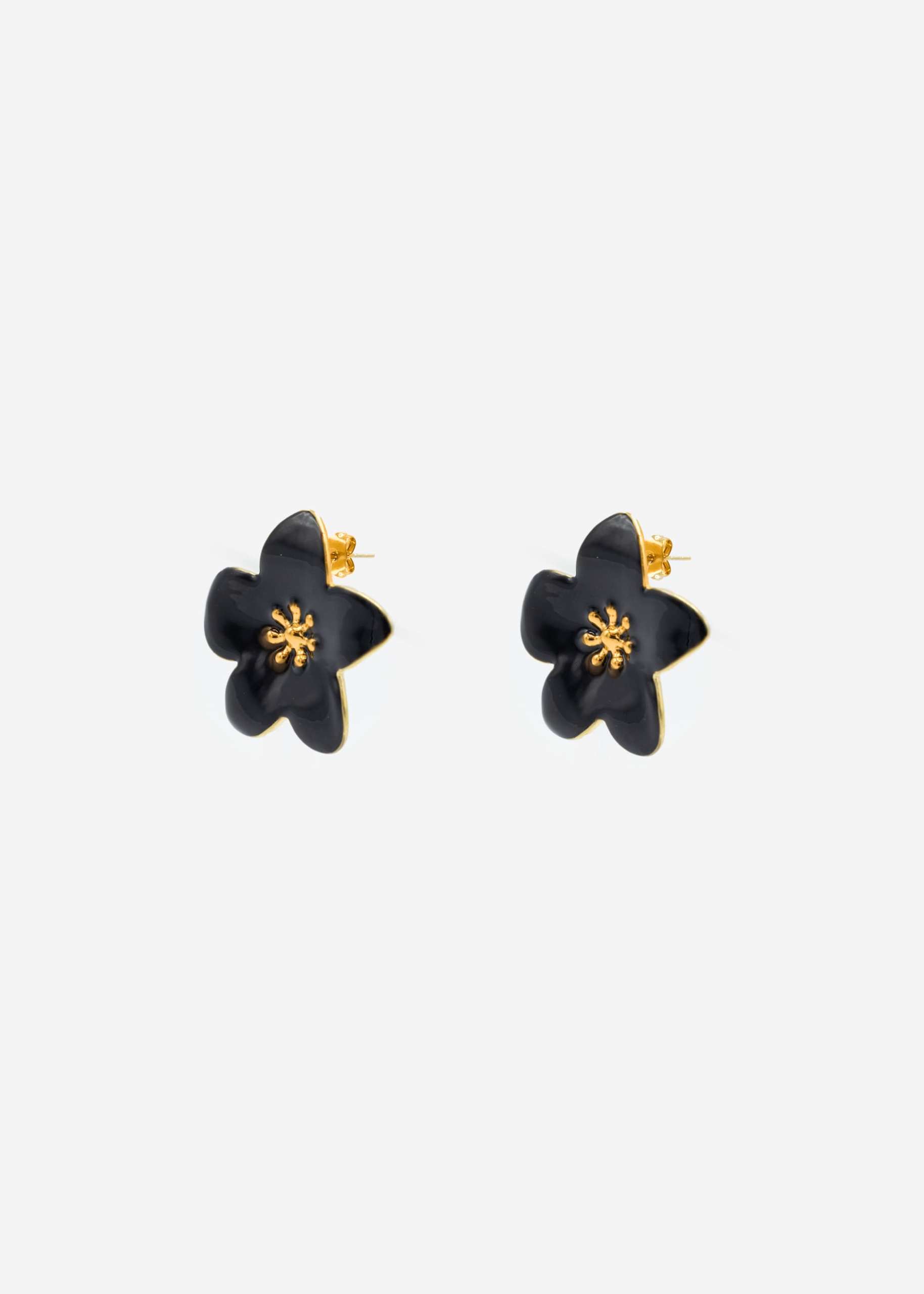 Stud earrings with black flower - gold