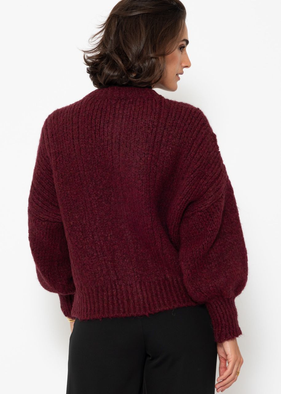 Super fluffy cardigan with cable knit pattern - burgundy