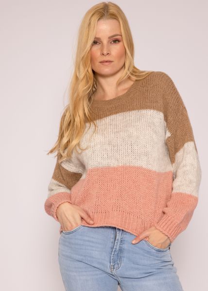 Round neck sweater with block stripes, camel/beige/pink