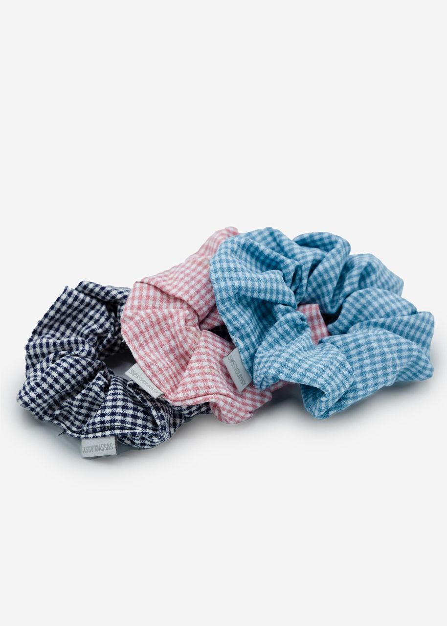 Set of 3 scrunchies checkered - black-blue-pink