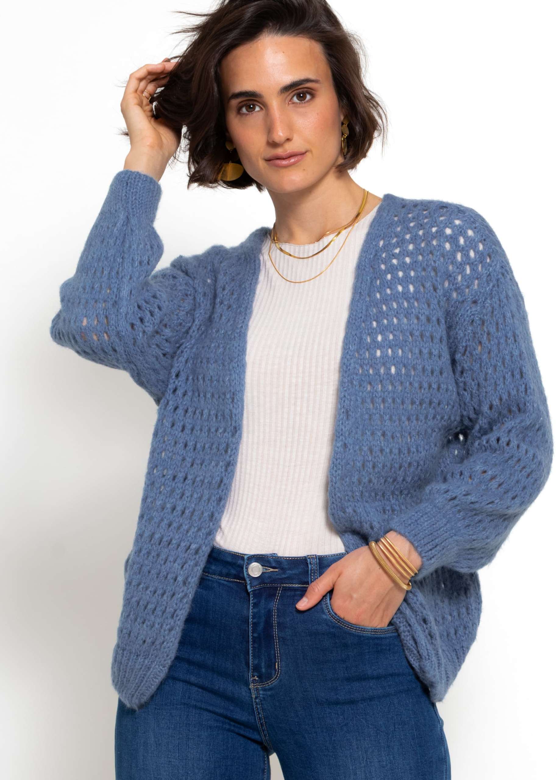 Cardigan in perforated knit - denim blue