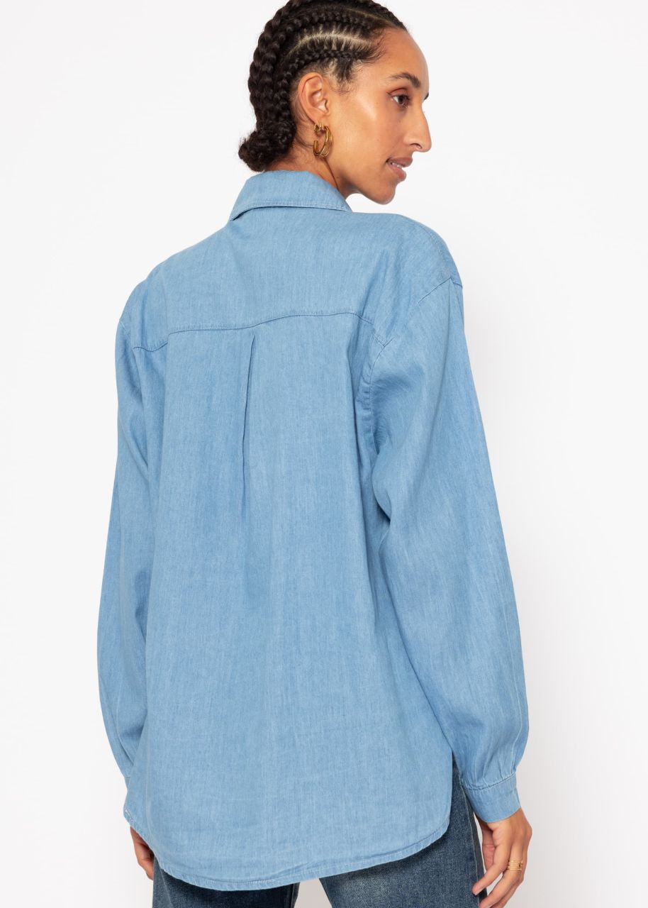 Casual denim shirt blouse with breast pocket - blue