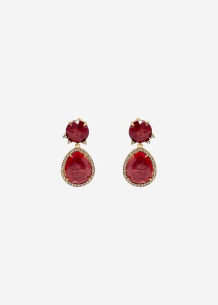 Stud earrings with red pendant - gold