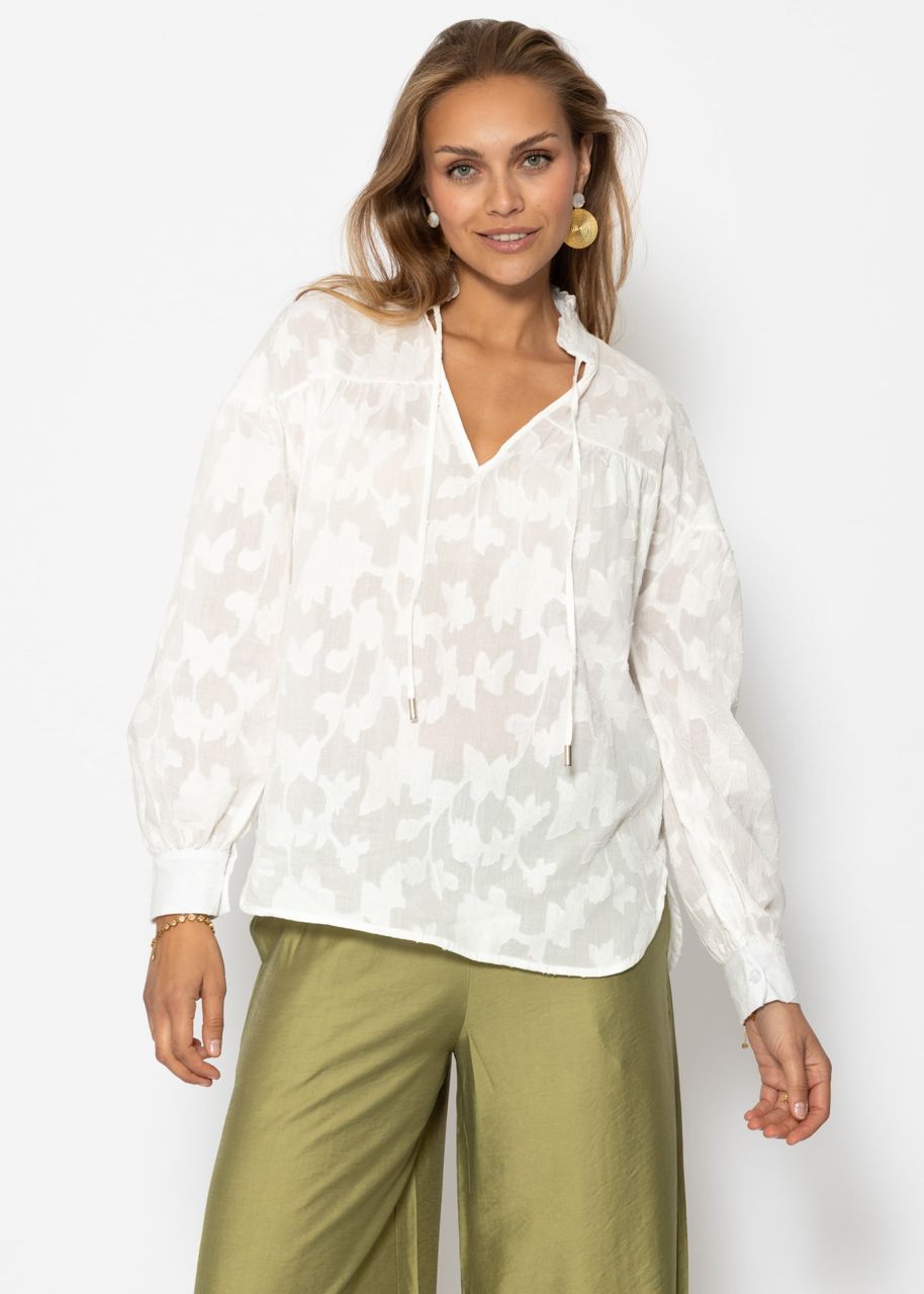 Slightly transparent jacquard blouse with tie detail