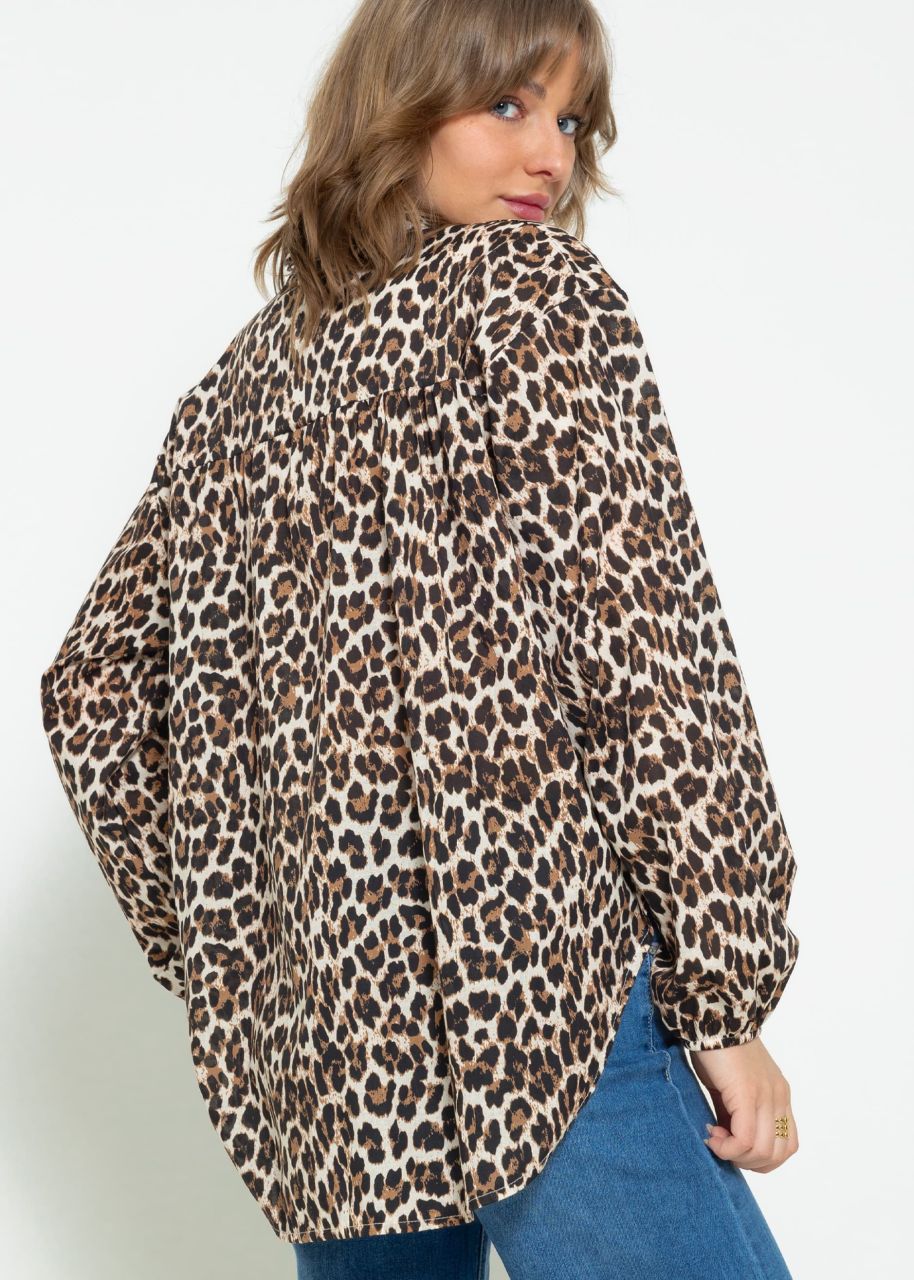 Cotton blouse shirt with leo print - brown