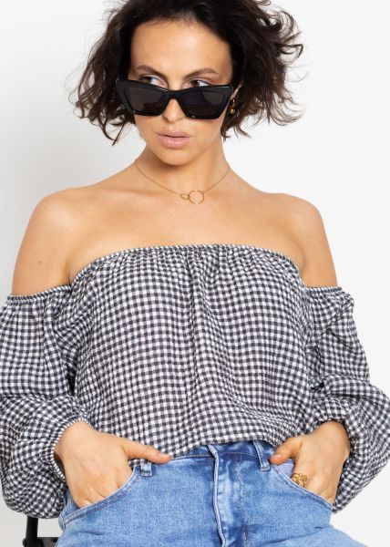 Muslin top with Vichy print, off-the-shoulder - black and white