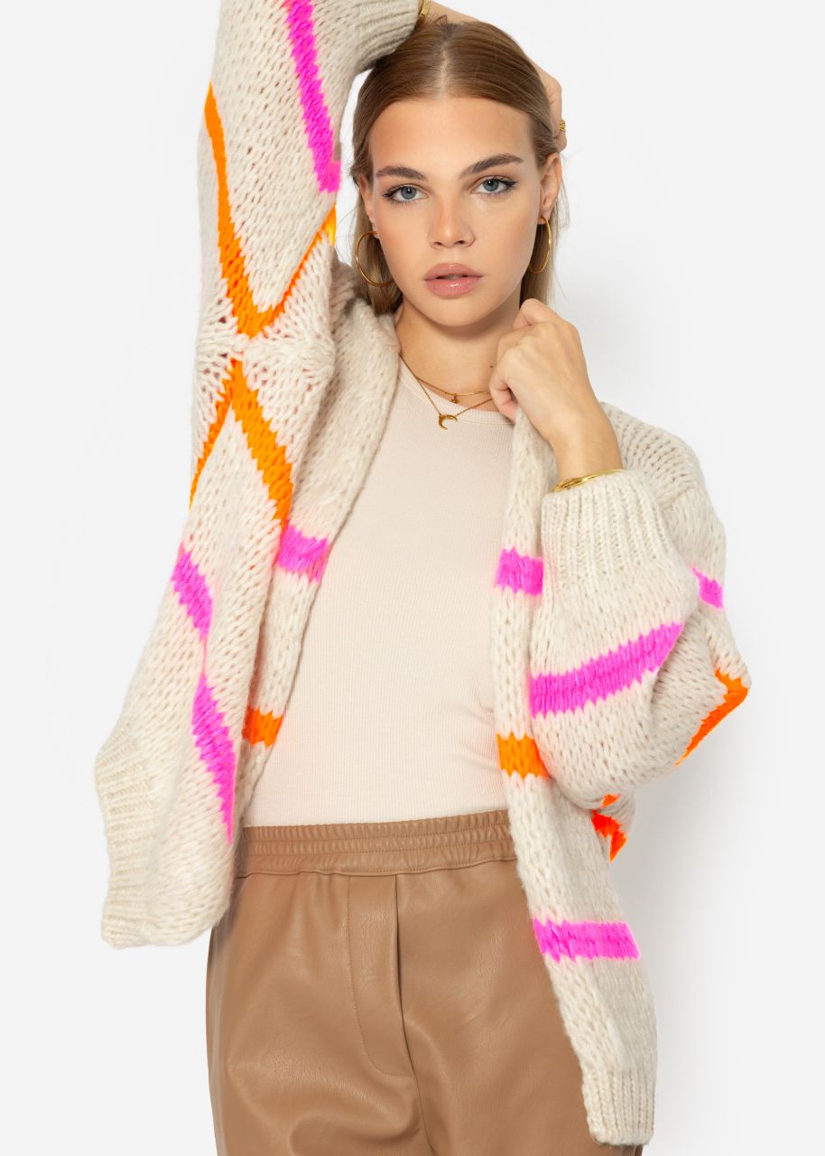 Oversize cardigan with pink and orange stripes, offwhite