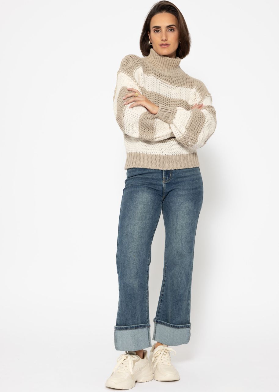 Turtleneck jumper with stripes - taupe-beige