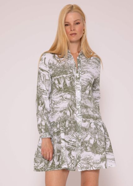 Muslin dress with long sleeves and print, khaki
