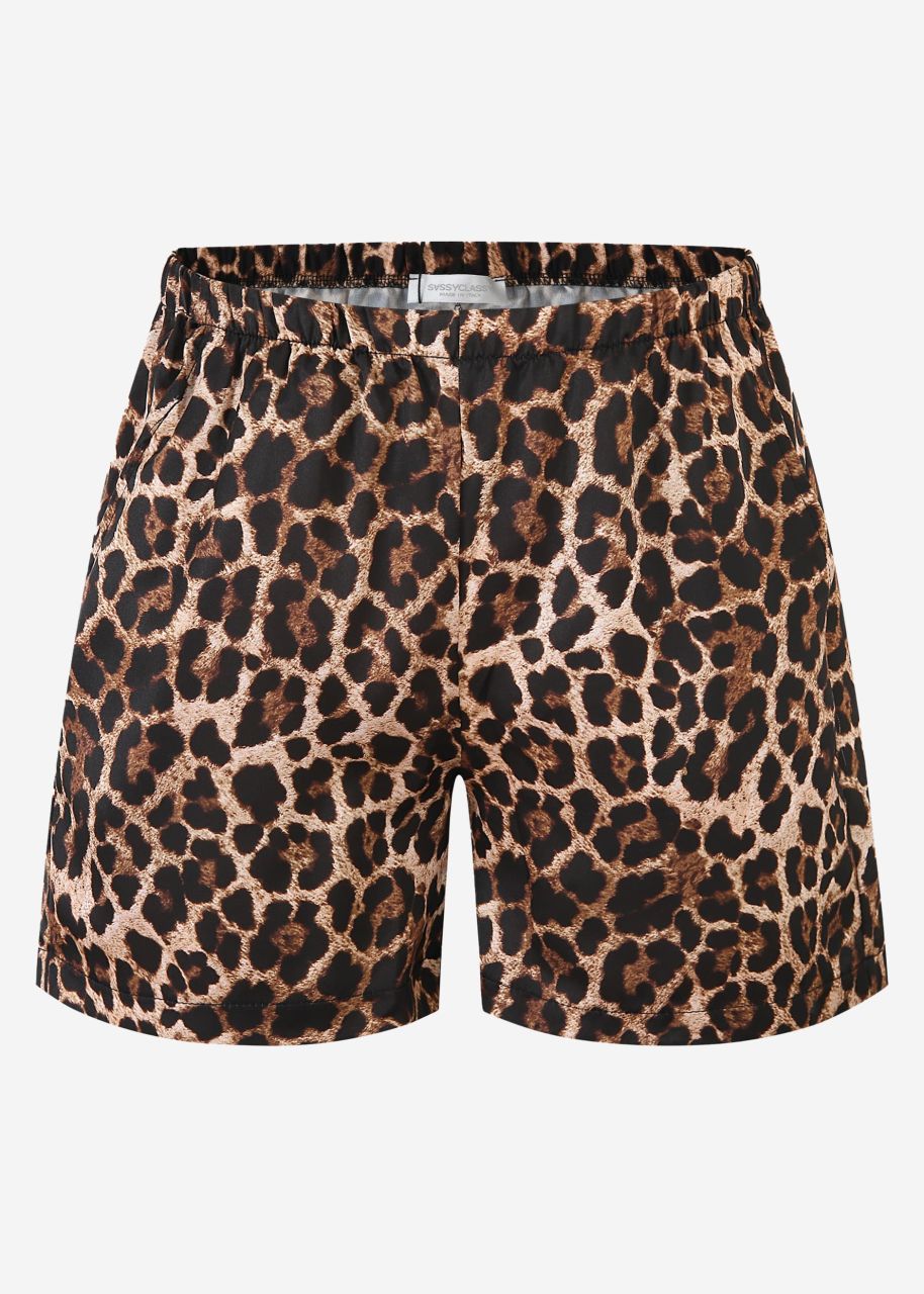 Satin shorts with leo print - brown