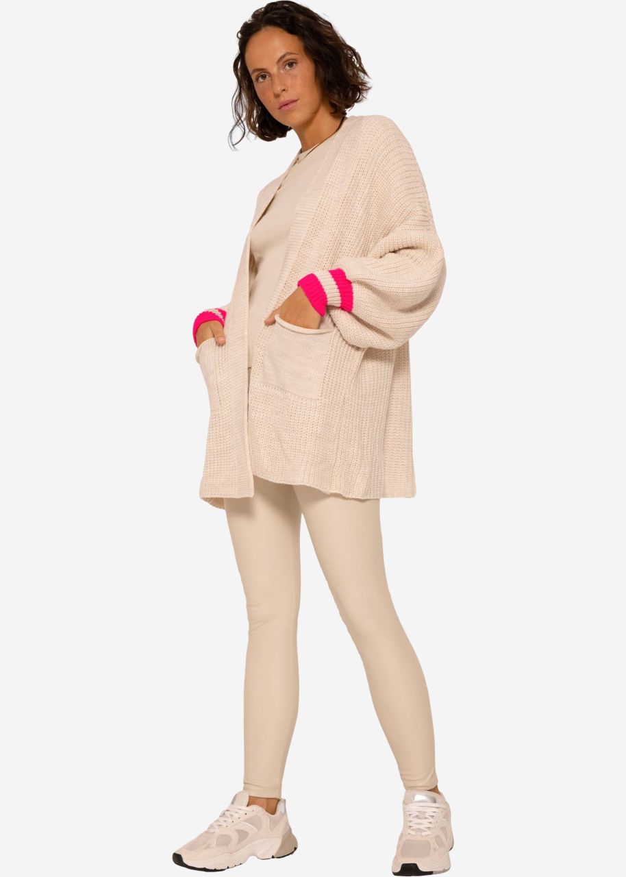 Knitted cardigan with pink stripes - beige