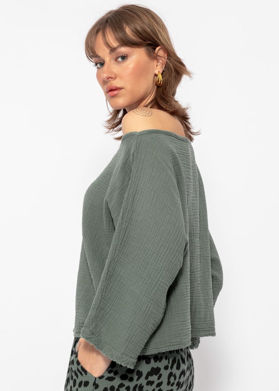 Musselin Shirt mit ausgefranstem Ärmelabschluss - khaki