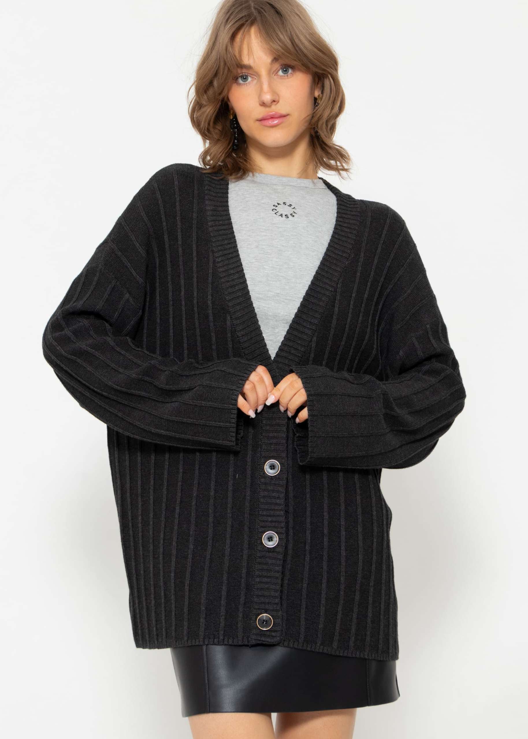 Flowing cardigan with ribbed texture - dark grey