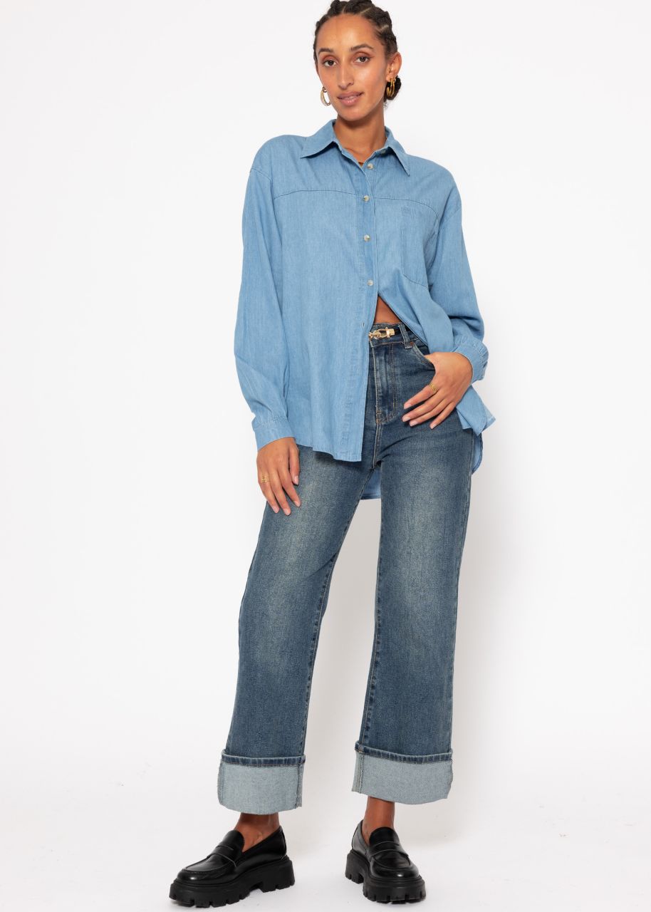 Casual denim shirt blouse with breast pocket - blue