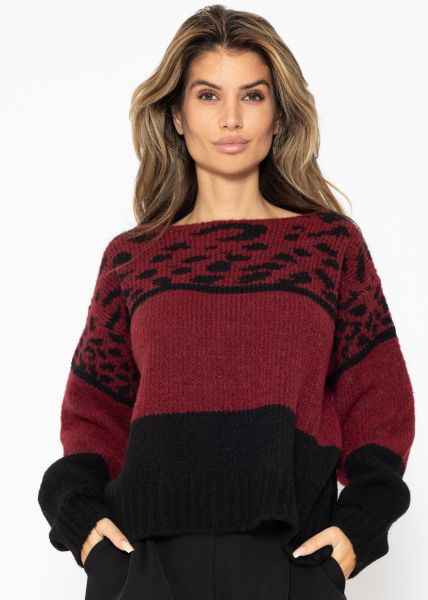 Oversized pullover with leo print - burgundy-black