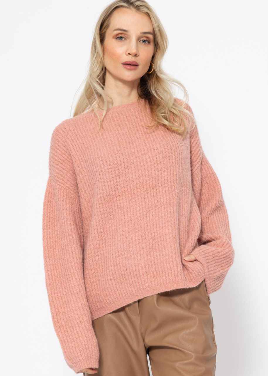 Ribbed jumper with round neckline - dusky pink