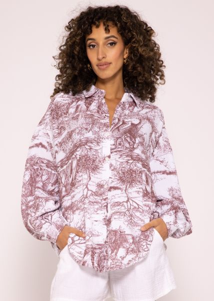 Muslin blouse with print, burgundy