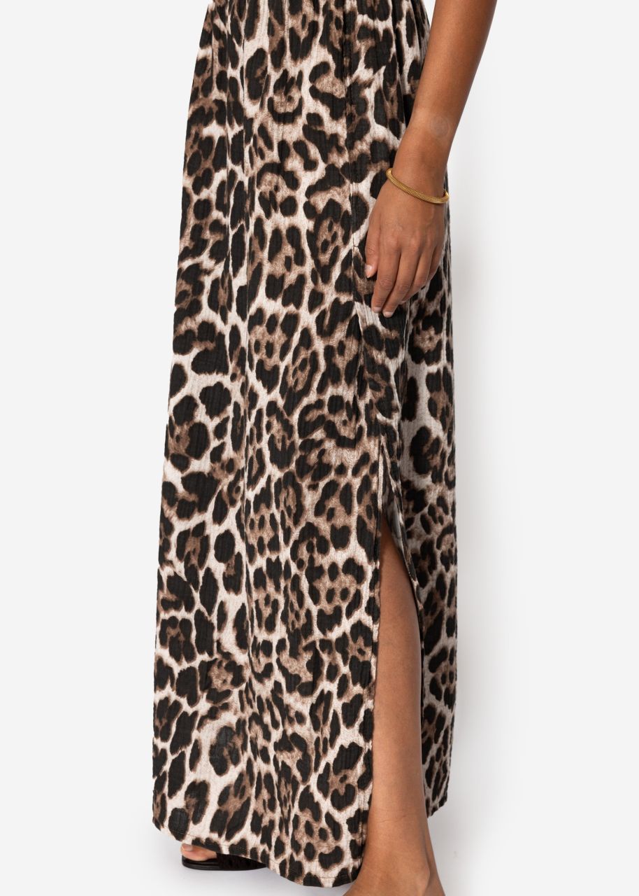 Maxi muslin skirt with slit with leo print - beige