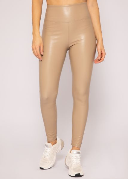 High-Rise Thermo Leather Leggings with Wide Waistband, Beige