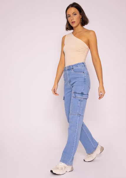 Asymmetrical bodysuit with straps, beige