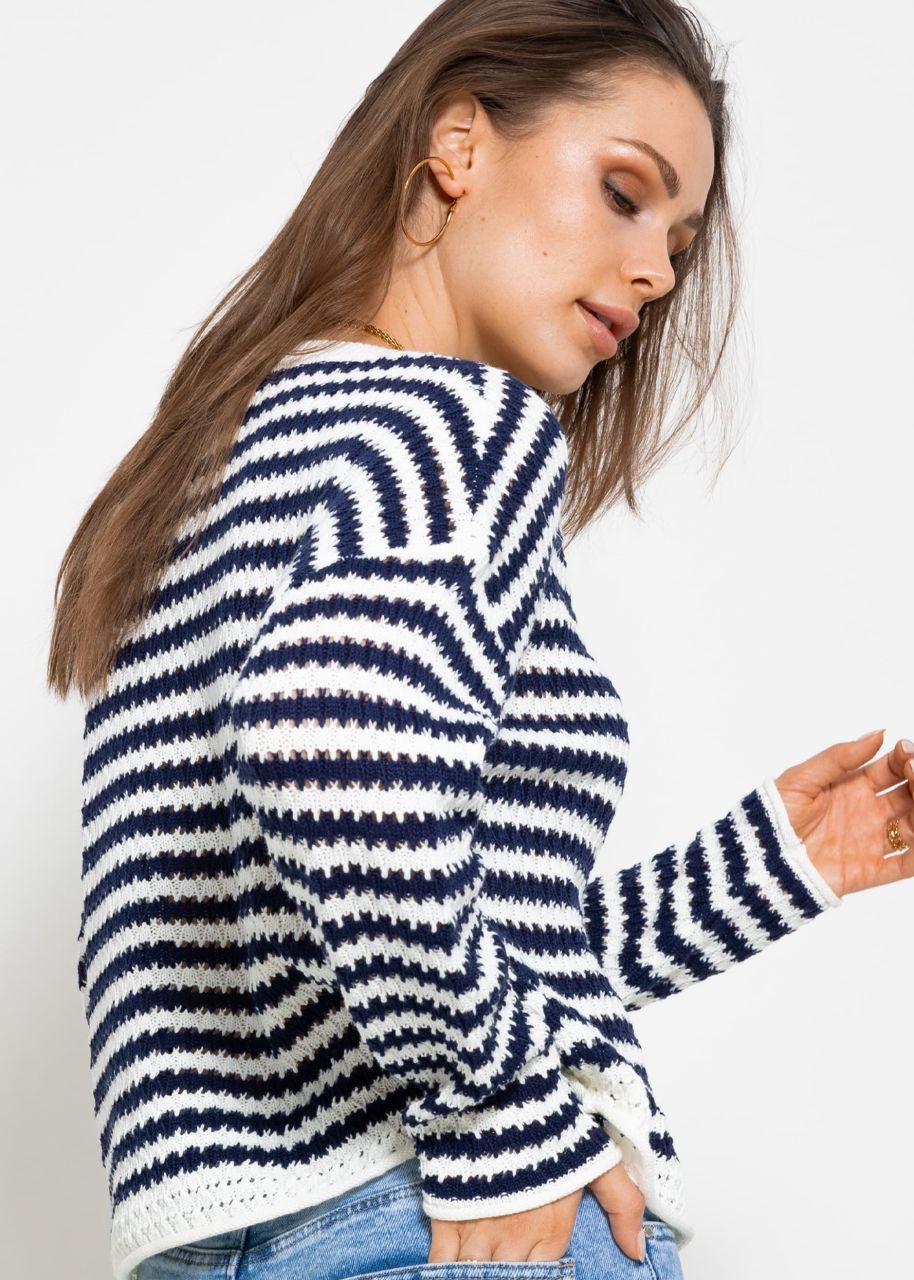 Cardigan in ajour knit - dark blue and white