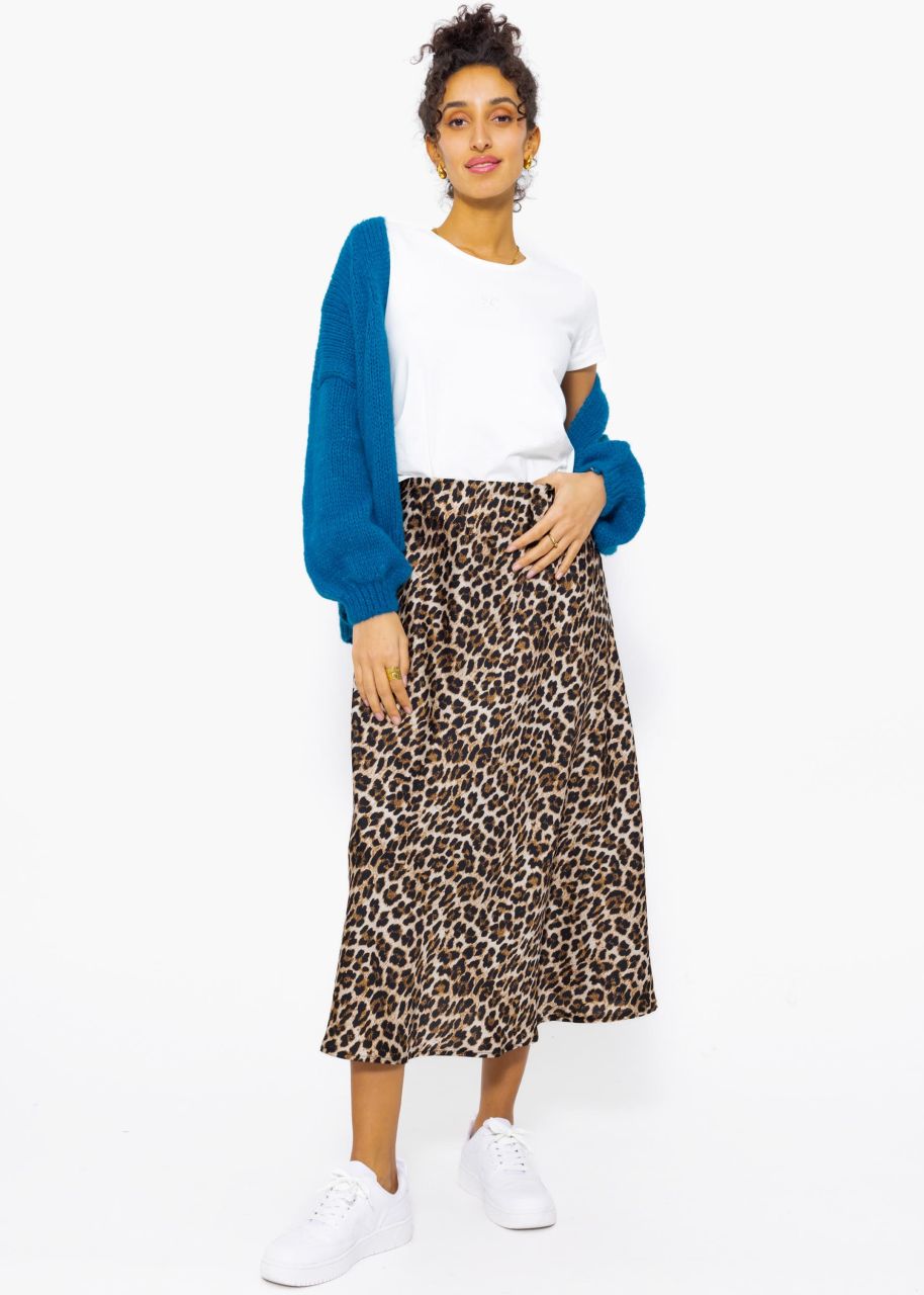 Satin skirt with leo print, brown