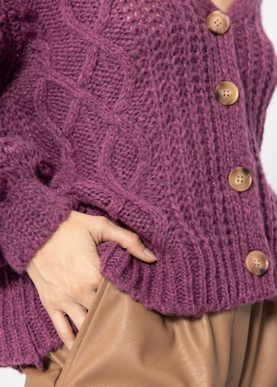 Oversized cardigan with cable knit pattern - aubergine