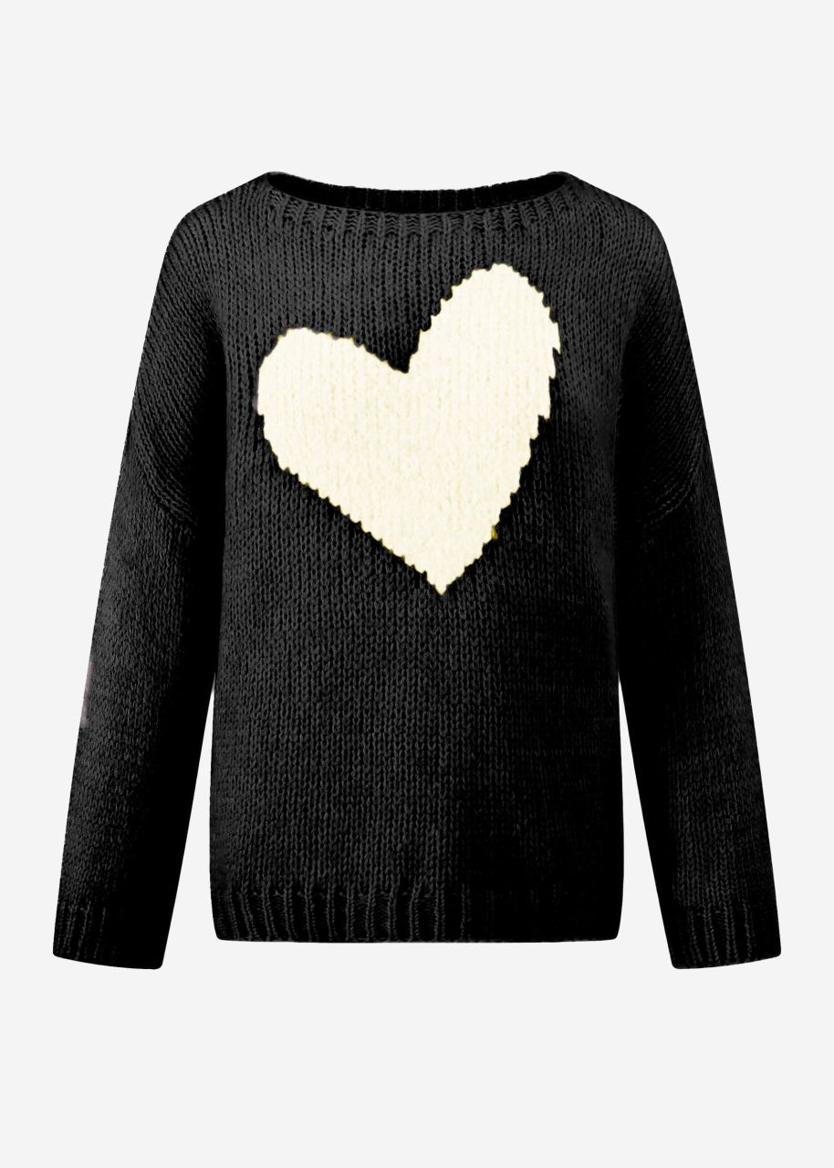 Oversized sweater with white heart - black