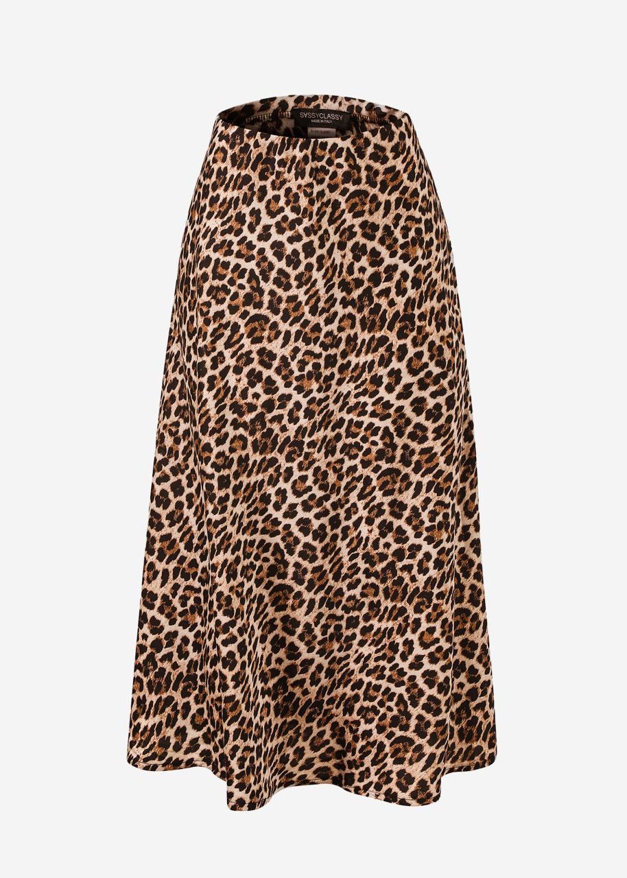 Satin skirt with leo print, brown