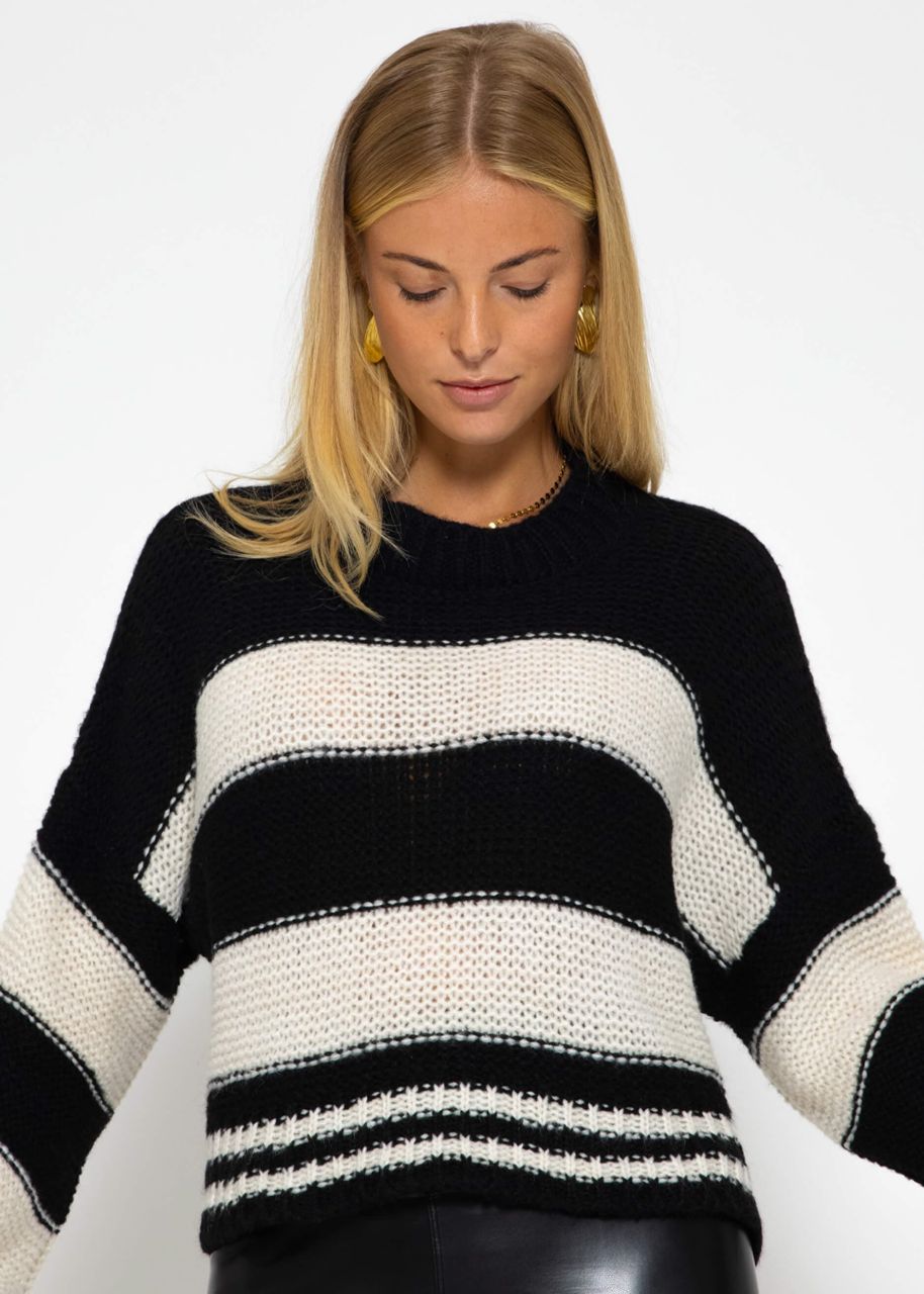 Turtleneck jumper with stripes, black-beige